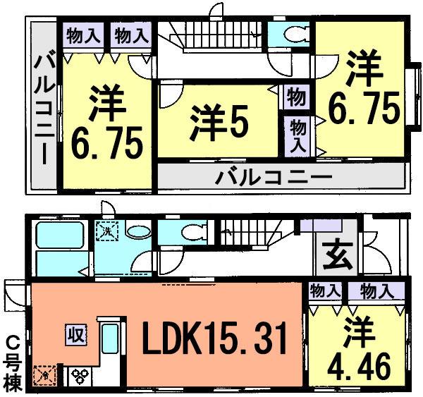 Floor plan. (C Building), Price 39,900,000 yen, 4LDK, Land area 91.1 sq m , Building area 95.64 sq m