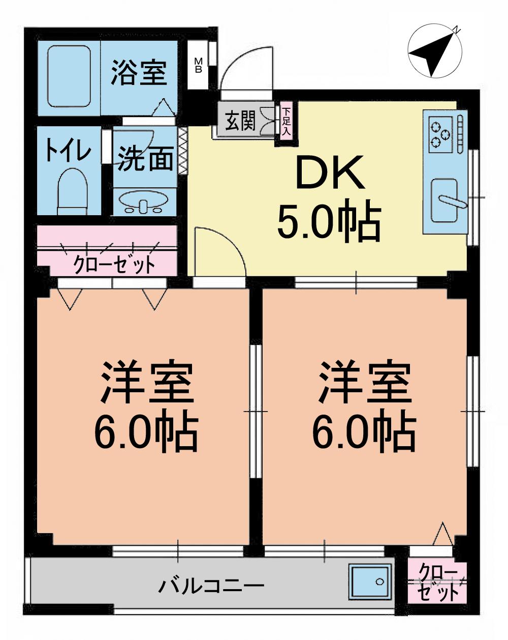 Floor plan. 2DK, Price 10.3 million yen, Occupied area 36.54 sq m , Balcony area 4.5 sq m