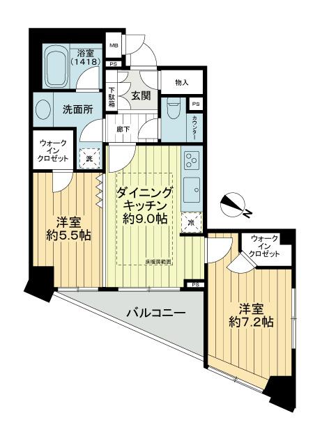 Floor plan. 2DK, Price 23.8 million yen, Occupied area 55.37 sq m , View is good because it is a corner dwelling units of the balcony area 5.5 sq m 5 floor