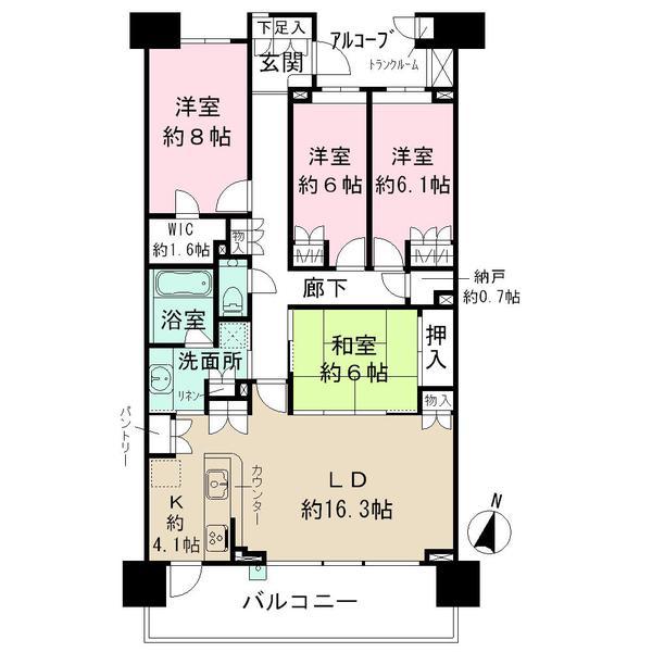 Floor plan. 4LDK + S (storeroom), Price 58 million yen, Footprint 111.86 sq m , Balcony area 16.6 sq m