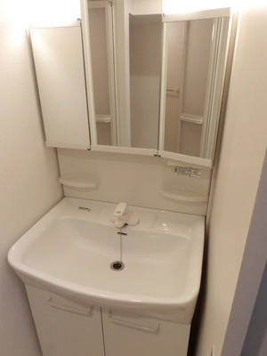 Washroom. Three-sided mirror with separate wash basin