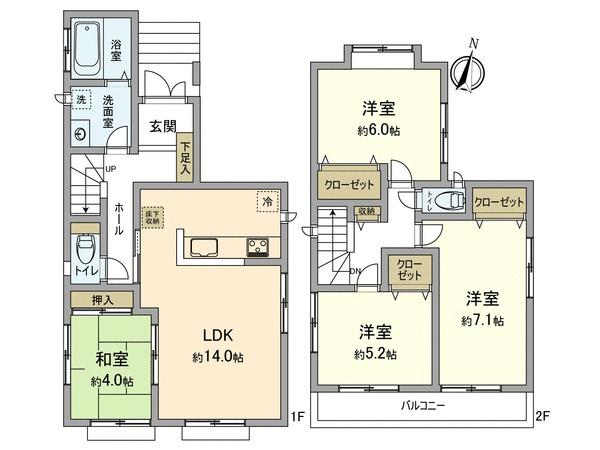 Floor plan. 31,900,000 yen, 4LDK, Land area 88.1 sq m , 2-story 4LDK of building area 90.05 sq m counter kitchen