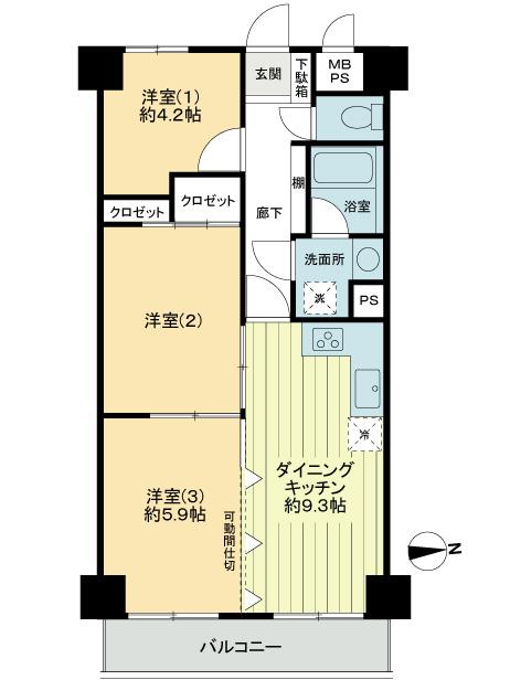 Floor plan. 3DK, Price 13.8 million yen, Occupied area 57.78 sq m , Balcony area 5.97 sq m