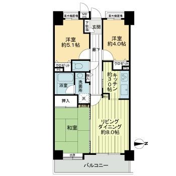 Floor plan. 3LDK, Price 19,800,000 yen, Occupied area 58.84 sq m , Balcony area 7.21 sq m