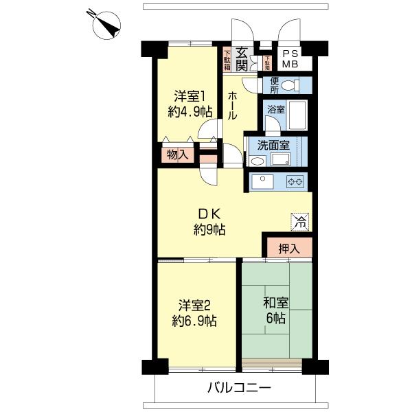 Floor plan. 3DK, Price 16.3 million yen, Footprint 64.4 sq m , Balcony area 6.72 sq m