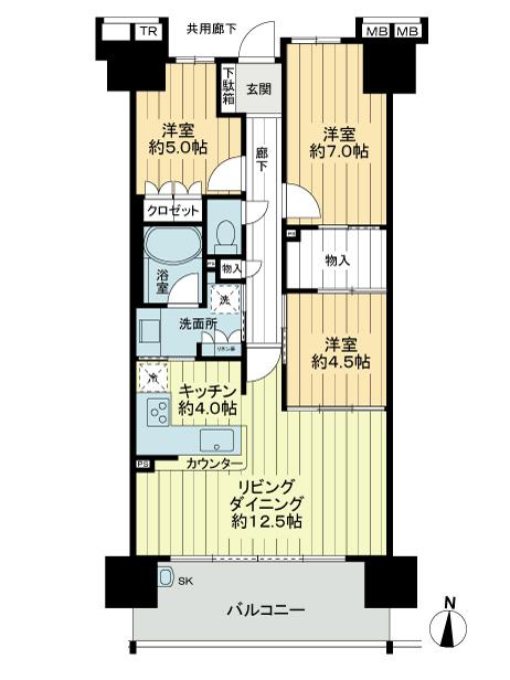 Floor plan. 3LDK, Price 26,800,000 yen, Occupied area 76.26 sq m , Balcony area 12.4 sq m