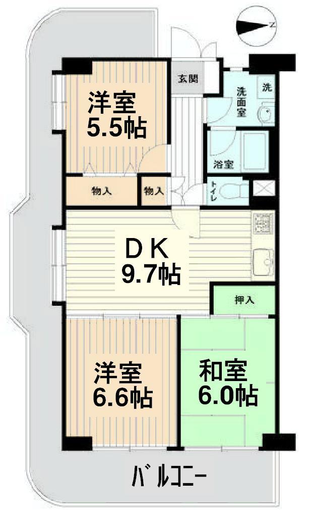 Floor plan. 3DK, Price 13,900,000 yen, Occupied area 66.74 sq m , Balcony area 21.14 sq m