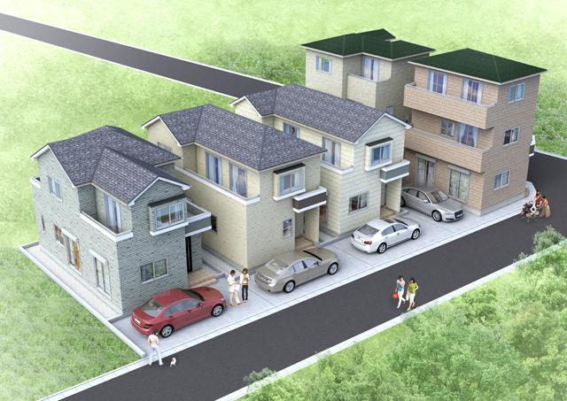 Rendering (appearance). All five buildings. AB Building is three stories, CDE Building is a two-story. 