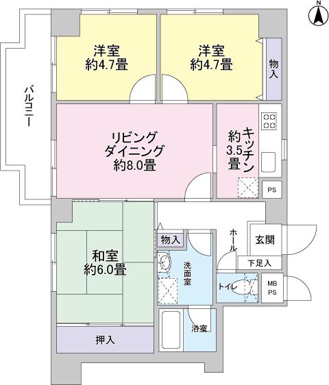 Floor plan. 3LDK, Price 13.8 million yen, Occupied area 60.77 sq m , Balcony area 7.08 sq m