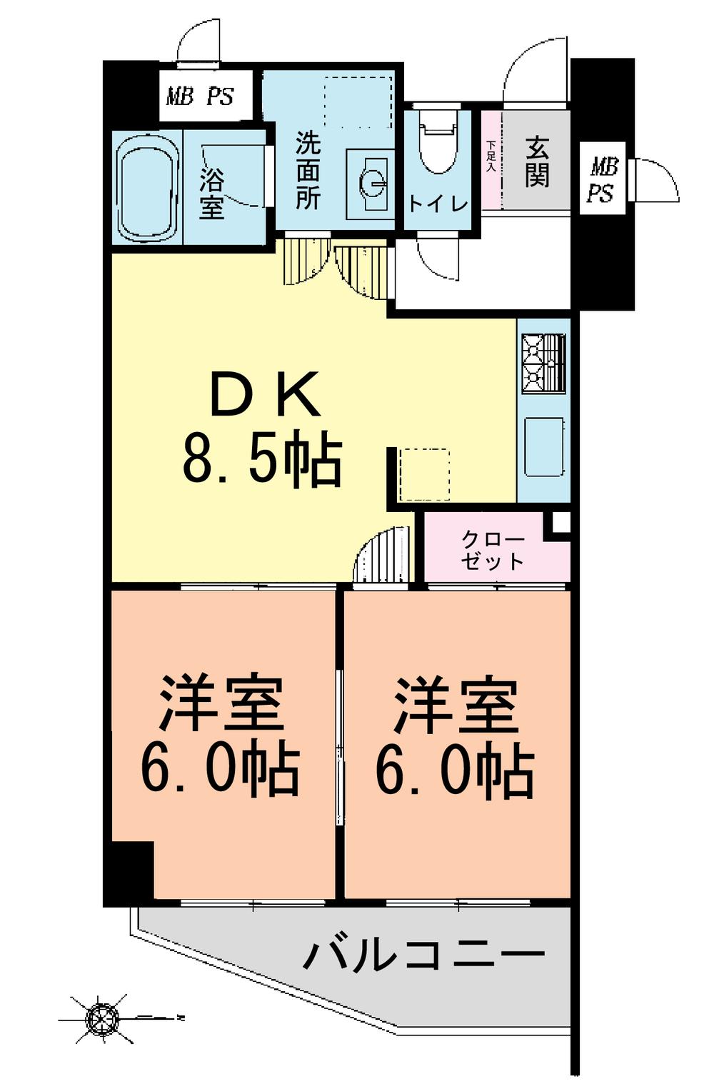 Floor plan. 2DK, Price 17.5 million yen, Occupied area 51.76 sq m , Balcony area 6.02 sq m