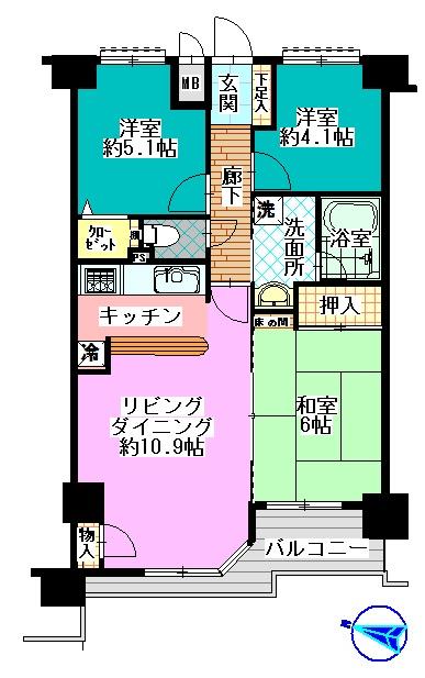 Floor plan. 3LDK, Price 21,800,000 yen, Occupied area 61.08 sq m , Balcony area 6 sq m