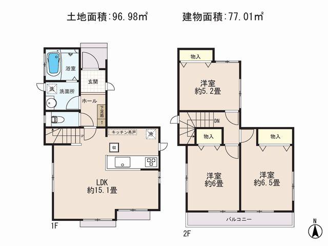 Floor plan. (1 Building), Price 22,800,000 yen, 3LDK, Land area 96.98 sq m , Building area 77.01 sq m
