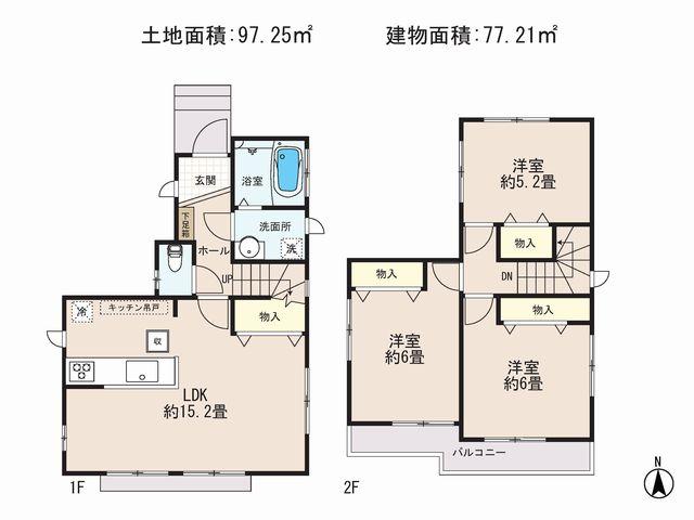 Floor plan. (Building 2), Price 22,800,000 yen, 3LDK, Land area 97.25 sq m , Building area 77.21 sq m