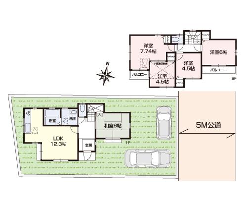 Floor plan. 35 million yen, 5LDK, Land area 115.1 sq m , Building area 91.8 sq m floor plan ・ Facing the compartment east 5m public road, Two car space.