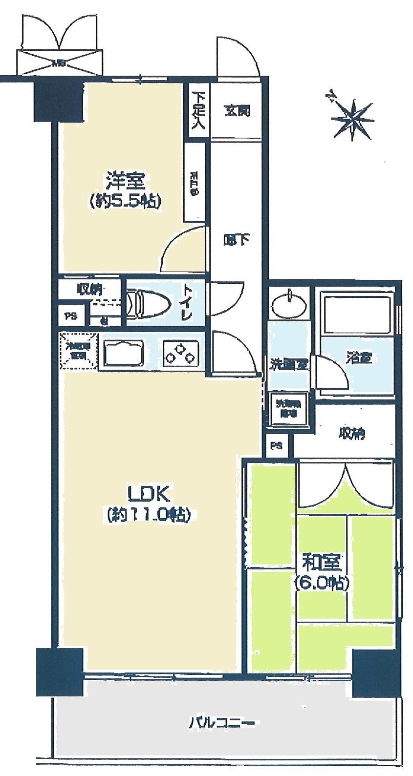 Floor plan. 2LDK, Price 9.8 million yen, Occupied area 52.55 sq m , Balcony area 9 sq m