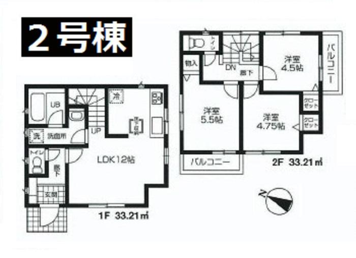 Floor plan. 25,800,000 yen, 3LDK, Land area 68.92 sq m , Building area 66.42 sq m 1 floor 33.21 sq m  Second floor 33.21 sq m