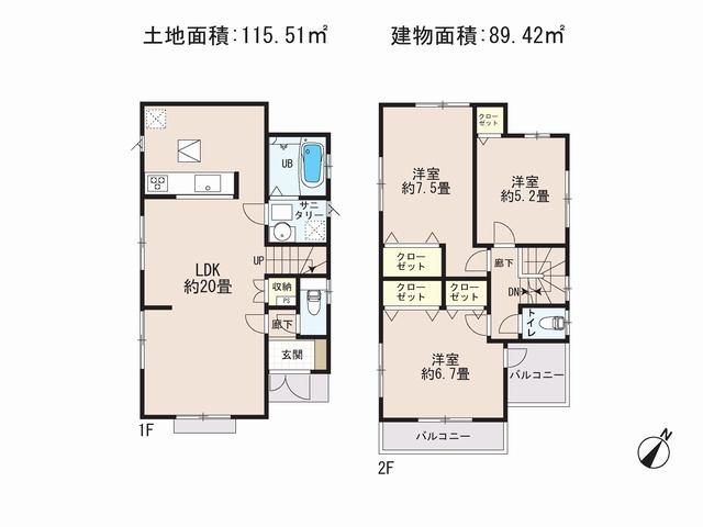 Floor plan. (Building 2), Price 29,800,000 yen, 3LDK, Land area 115.51 sq m , Building area 89.42 sq m