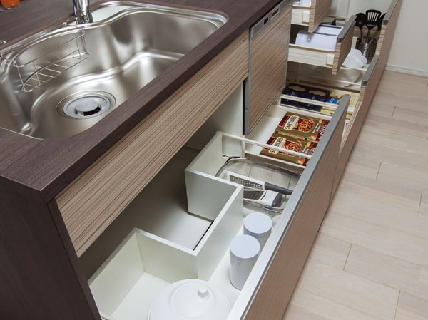 Kitchen.  [Sliding kitchen storage] Storage of kitchen, Without waste use sliding space. Cooking appliances such as, Easily retrieve the things in the storage.