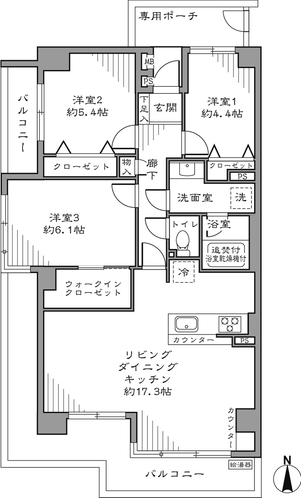 Floor plan. 3LDK, Price 32,800,000 yen, Occupied area 73.57 sq m , Balcony area 17.94 sq m
