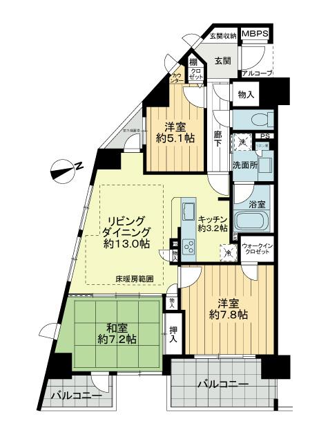 Floor plan. 3LDK, Price 39,800,000 yen, Occupied area 80.32 sq m , Balcony area 11.96 sq m 3LDK angle room.