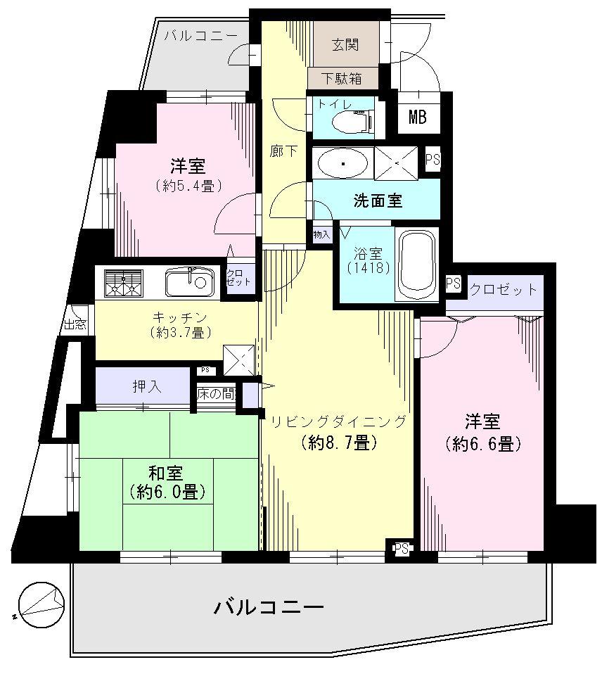 Floor plan. 3LDK, Price 33,800,000 yen, Occupied area 68.98 sq m , Balcony area 18.71 sq m