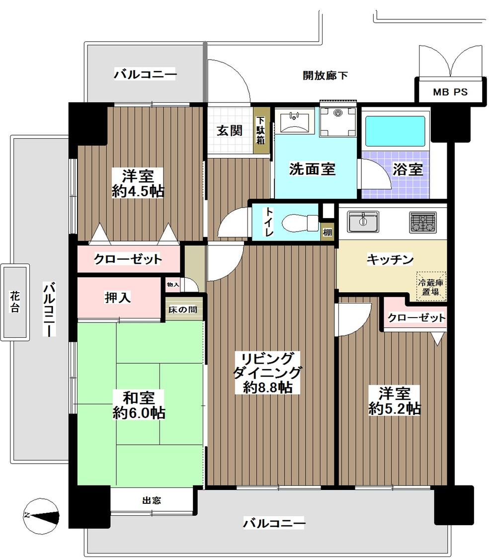 Floor plan. 3LDK, Price 20.8 million yen, Occupied area 61.62 sq m , Balcony area 22.45 sq m