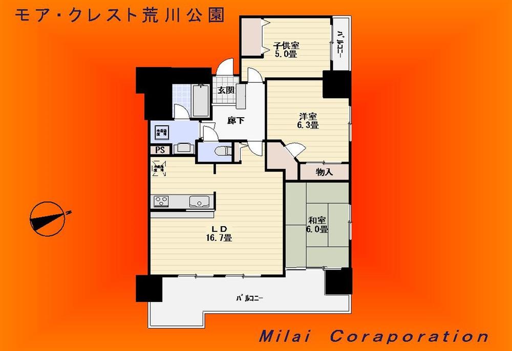 Floor plan. 3LDK, Price 35,800,000 yen, Occupied area 76.74 sq m , Balcony area 11.91 sq m