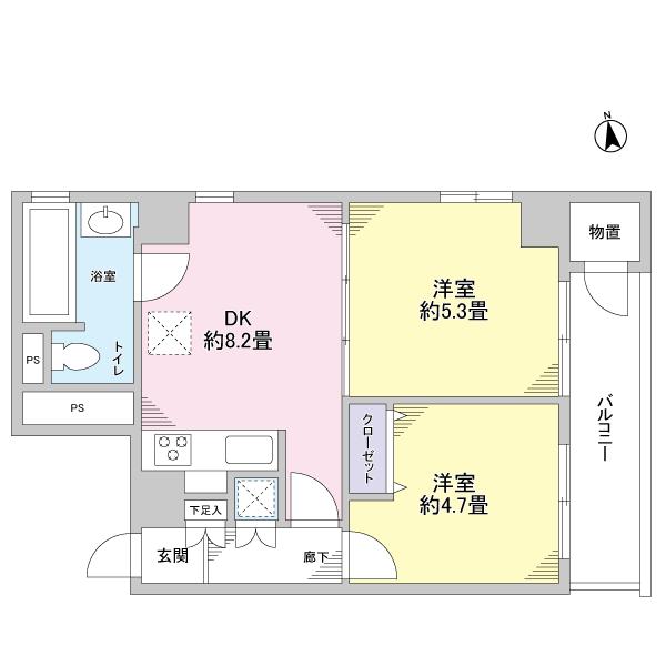 Floor plan. 2DK, Price 14.8 million yen, Occupied area 41.49 sq m , Balcony area 5.52 sq m 8 floor, east ・ North of the corner room