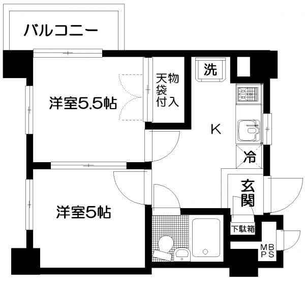 Floor plan. 2K, Price 11.5 million yen, Occupied area 26.86 sq m , Balcony area 3.27 sq m