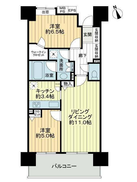 Floor plan. 2LDK, Price 26,600,000 yen, Occupied area 60.22 sq m , Balcony area 10.26 sq m 2LDK facing south, It is the view and the sunny rooms.