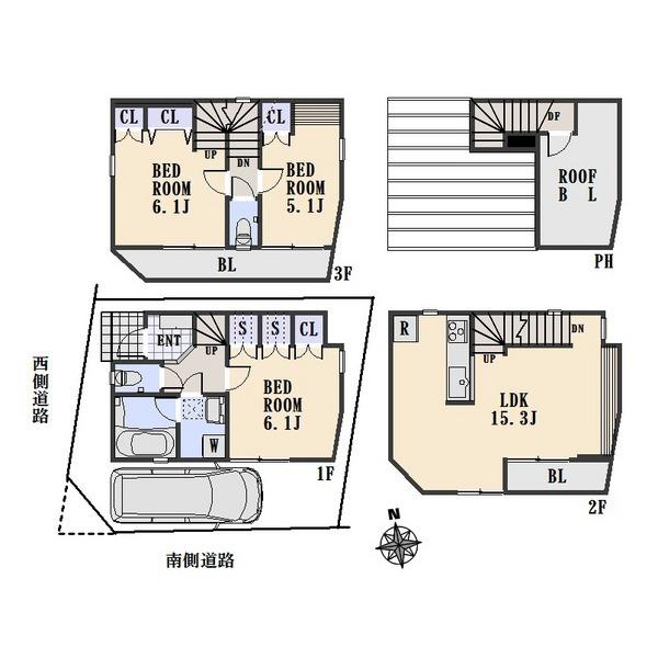 Floor plan. 38,800,000 yen, 3LDK, Land area 49.64 sq m , Building area 79.39 sq m garage with 3LDK + rooftop