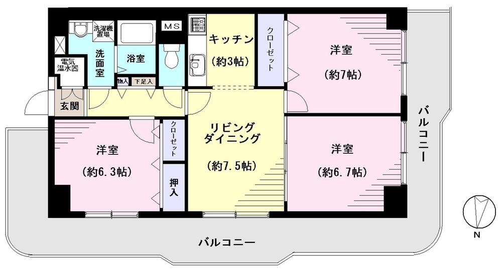 Floor plan. 3LDK, Price 23.8 million yen, Footprint 70.4 sq m , Balcony area 28.65 sq m