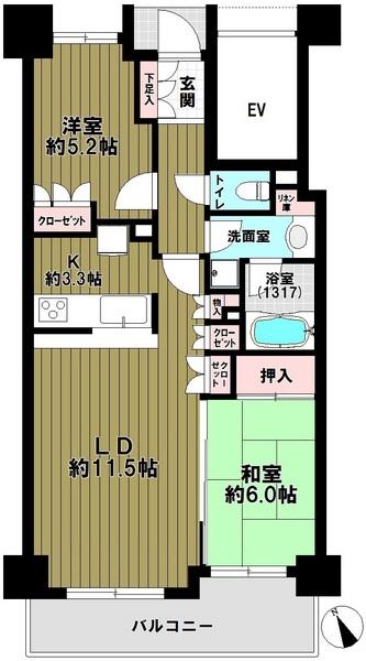 Floor plan. 2LDK, Price 27 million yen, Occupied area 57.63 sq m , Balcony area 8.39 sq m