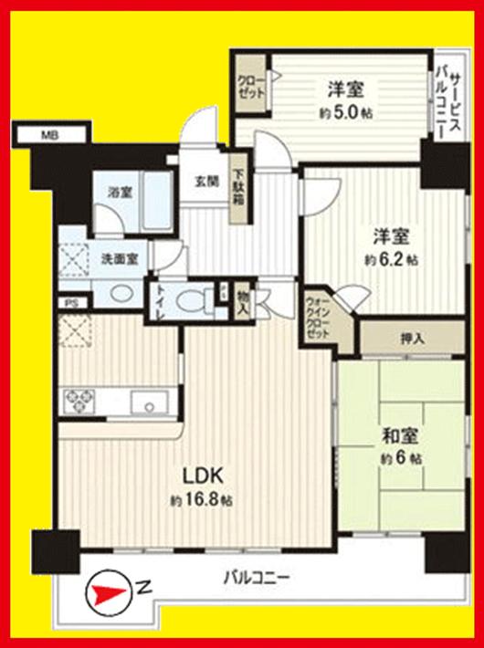 Floor plan. 3LDK, Price 35,800,000 yen, Occupied area 76.74 sq m , Balcony area 11.91 sq m