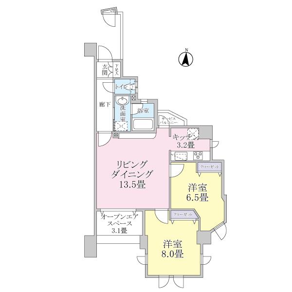 Floor plan. 2LDK, Price 34,800,000 yen, Occupied area 66.18 sq m , Balcony area 5.1 sq m open-air space 3.1 tatami