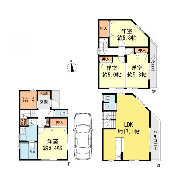 Floor plan. 44,800,000 yen, 4LDK, Land area 63.38 sq m , Building area 98.12 sq m