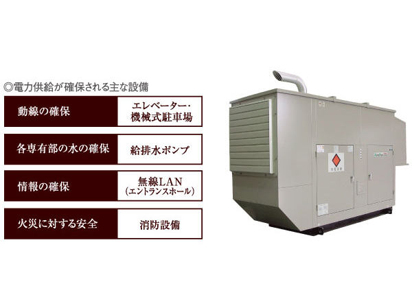 earthquake ・ Disaster-prevention measures.  [Operating the elevator, etc. in the event of a power failure "in-house power generation device"] At the time of any chance of a power failure, Introducing the in-house power generation equipment to run more than 10 hours Elevator. further, Water supply and drainage pump Ya, And support to ensure the important life line to supply power to the mechanical parking.  ※ How to use depends on the management association.  ※ In-house power generation device, It will be up and running in the event of a disaster.