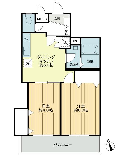 Floor plan. 2DK, Price 13.8 million yen, Occupied area 41.32 sq m , Balcony area 6.48 sq m floor plan