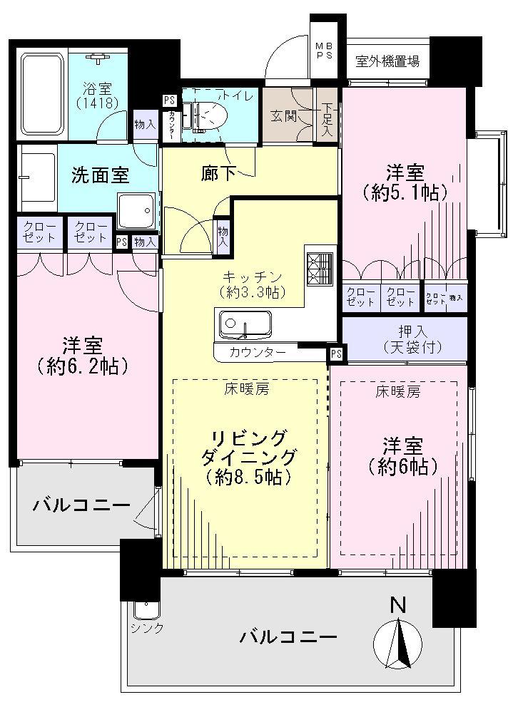 Floor plan. 3LDK, Price 26.5 million yen, Occupied area 68.15 sq m , Balcony area 15.39 sq m