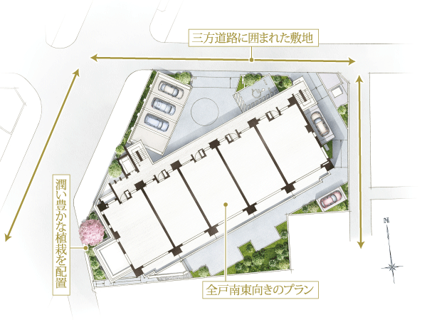 Buildings and facilities.  ・ Since the three-way of the site is in contact with the road, It is kept the distance between the adjacent building, It will produce a sense of openness.