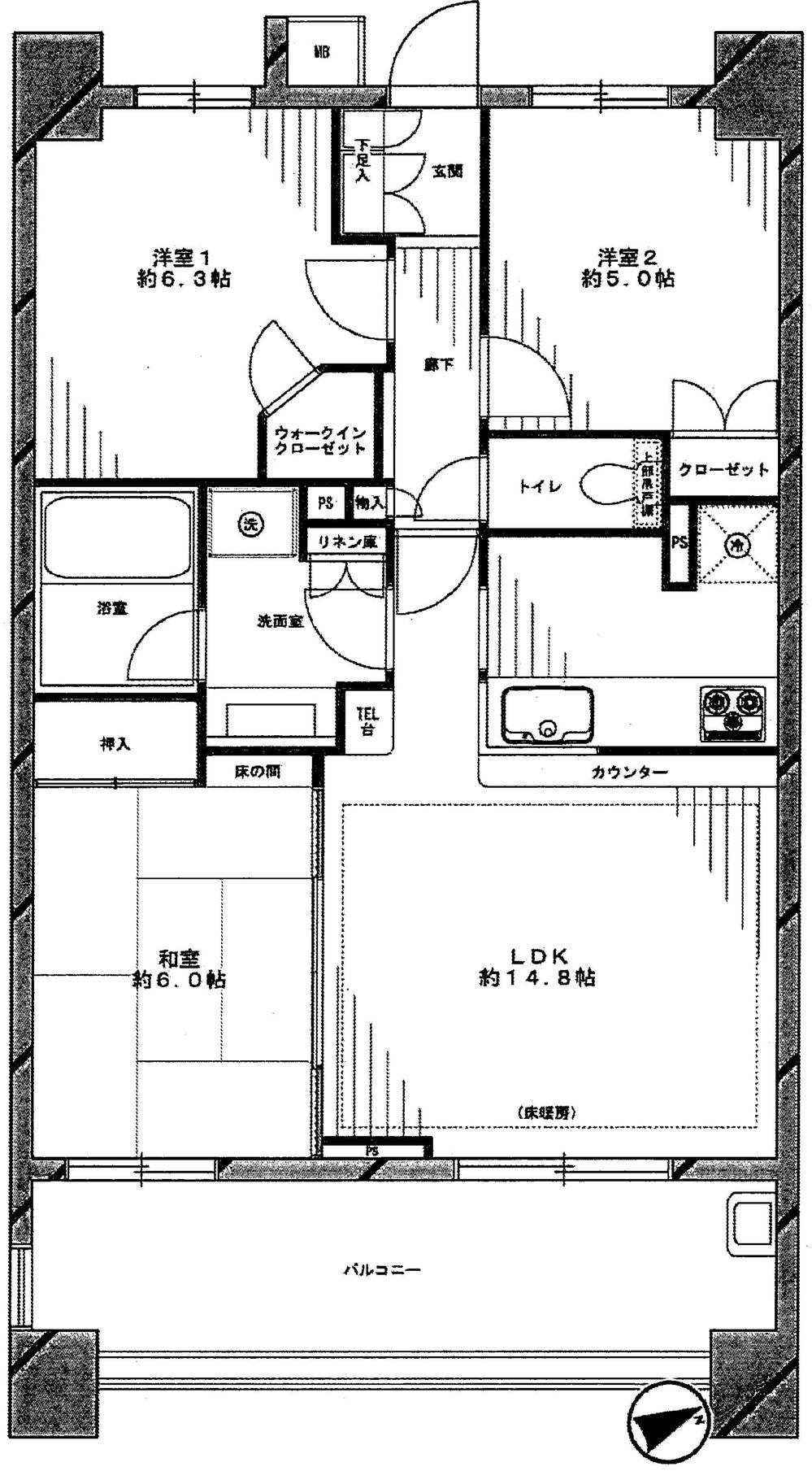 Floor plan. 3LDK, Price 31,800,000 yen, Footprint 70 sq m , Balcony area 14 sq m
