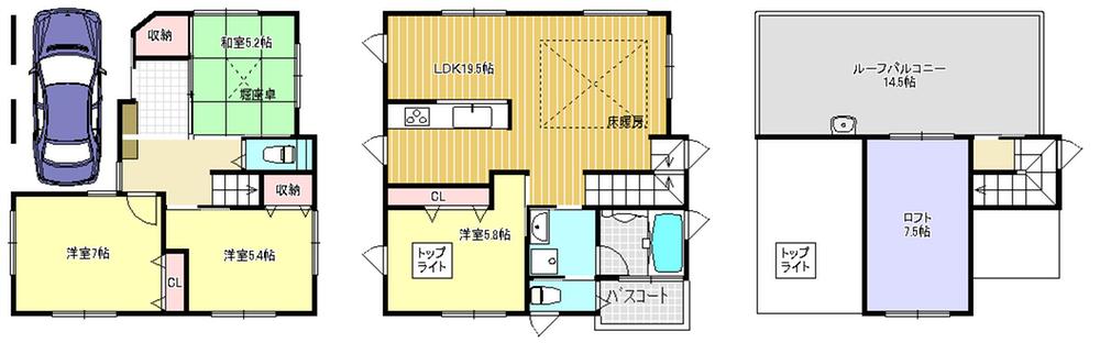 Floor plan. 35,800,000 yen, 4LDK + S (storeroom), Land area 72.48 sq m , Building area 116.34 sq m 1 floor of the Japanese-style room it becomes your stand digging. Also it will be a vast entrance when you open the sliding door.