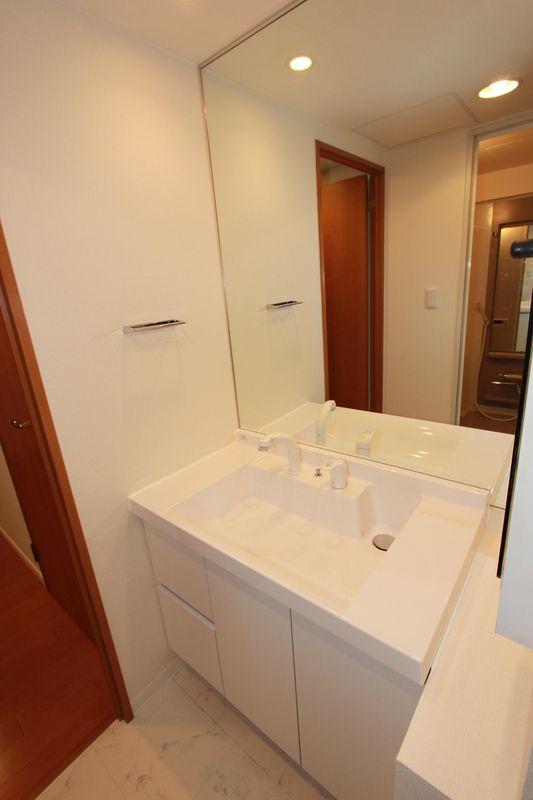 Wash basin, toilet. Wide mirror vanity