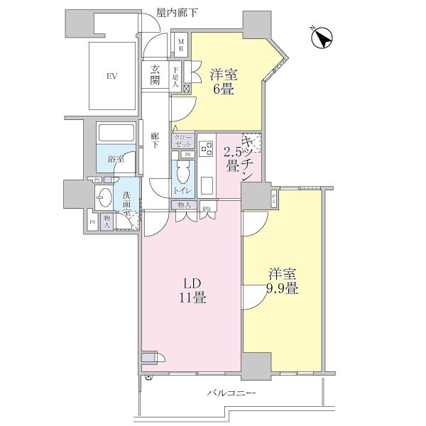 Floor plan. 2LDK, Price 38,900,000 yen, Occupied area 65.24 sq m , Balcony area 8.49 sq m floor plan