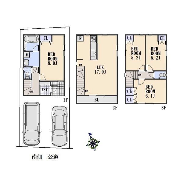 Compartment view + building plan example. Building plan example, Land price 31,600,000 yen, Land area 72.22 sq m , Building price 17.2 million yen, Building area 95.33 sq m