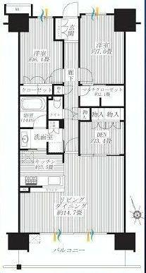 Floor plan. 2LDK, Price 49,800,000 yen, Occupied area 81.17 sq m , Balcony area 12.6 sq m
