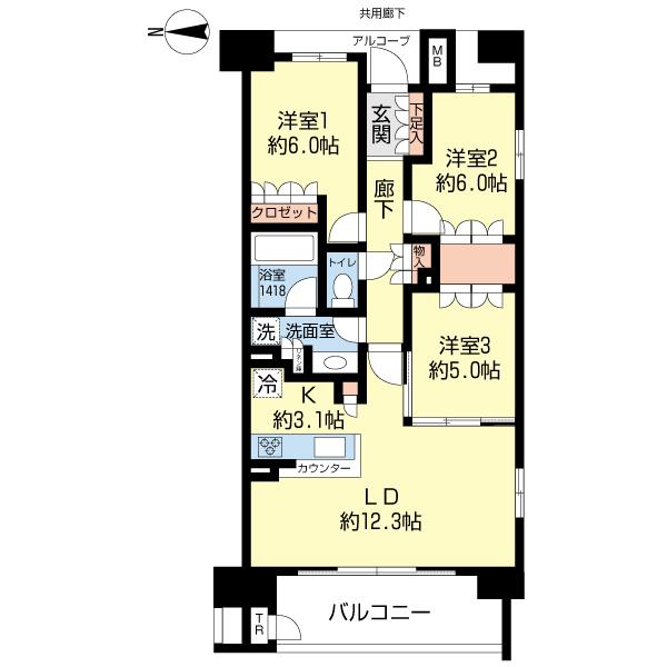 Floor plan. 3LDK, Price 41,900,000 yen, Occupied area 71.53 sq m , Balcony area 9.63 sq m