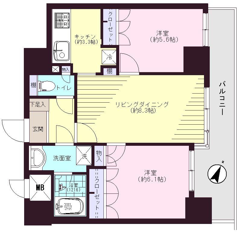 Floor plan. 2LDK, Price 29,800,000 yen, Occupied area 53.94 sq m , Balcony area 10.35 sq m