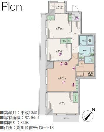 Floor plan. 3LDK+S, Price 29,800,000 yen, Occupied area 67.94 sq m , Balcony area 13.51 sq m Floor