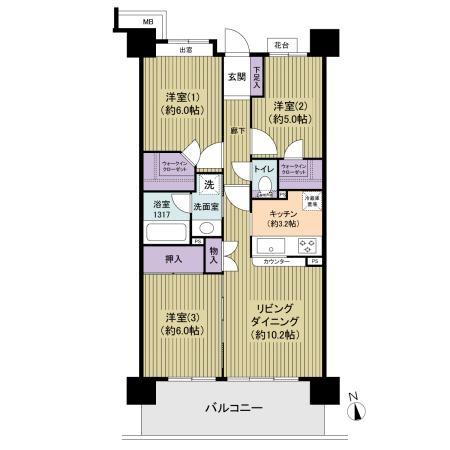 Floor plan. 3LDK, Price 38,800,000 yen, Occupied area 67.89 sq m , Balcony area 12.4 sq m floor plan
